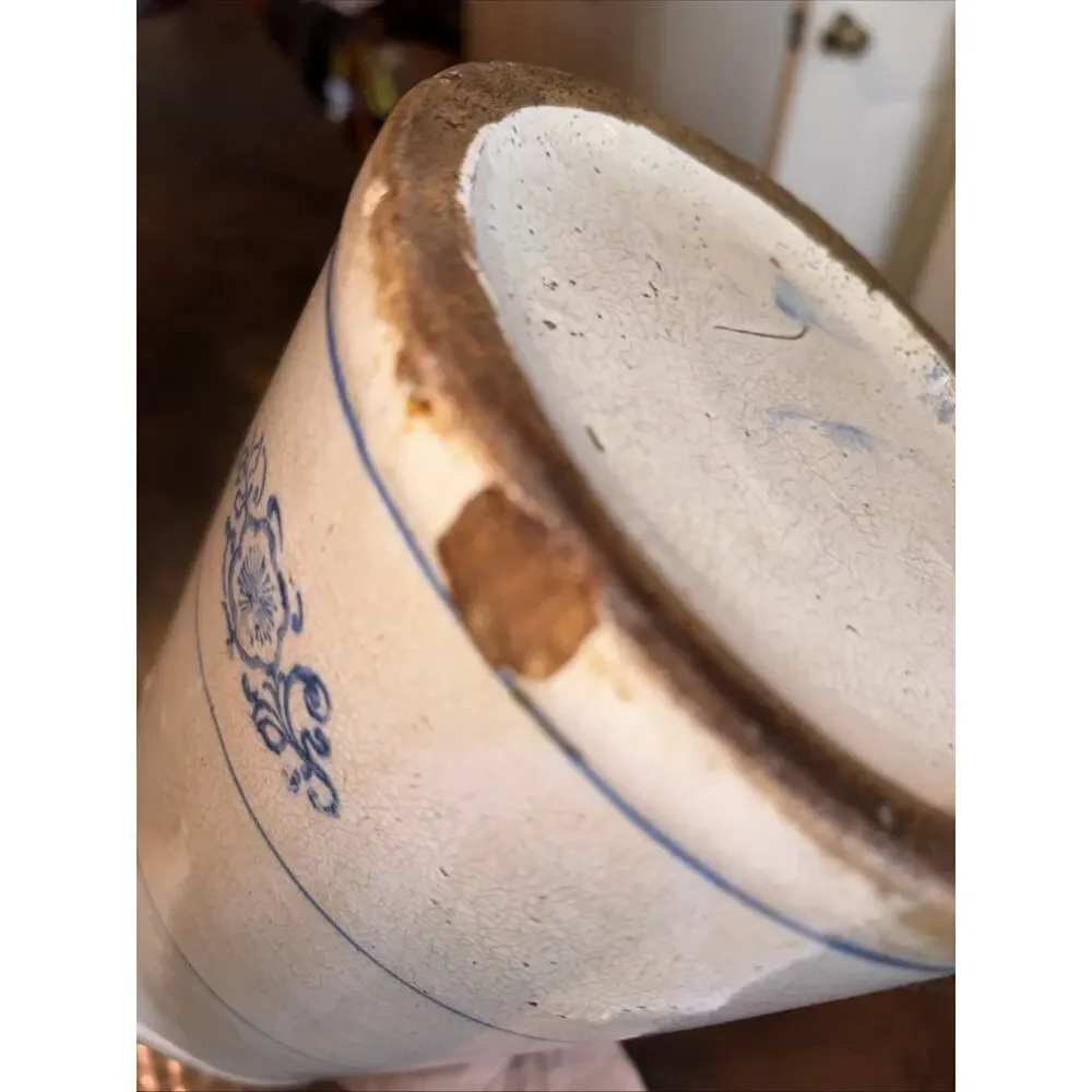 Antique Blue White Stoneware Pitcher Hull Band Stripe Flower Medallion Design